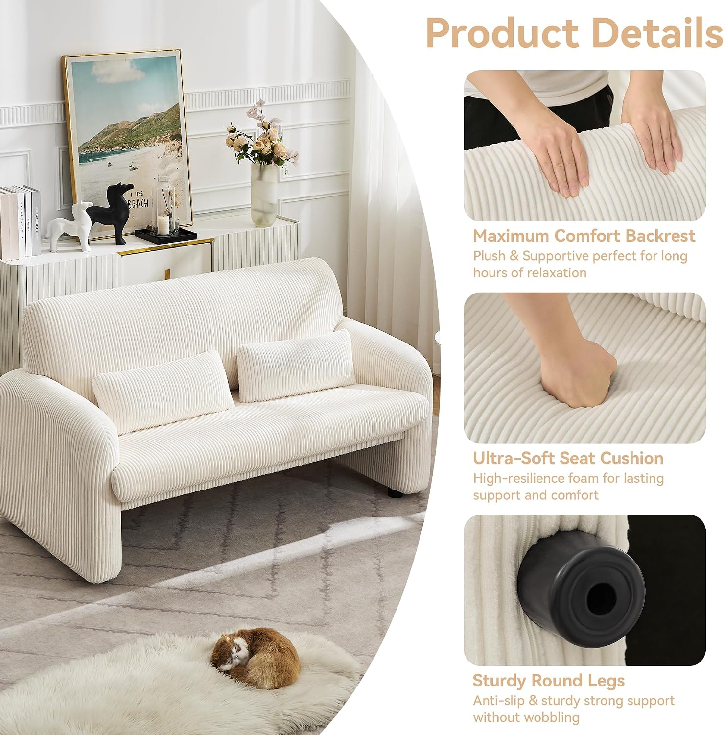 WUTUTUEE 56'' Corduroy Loveseat Sofa, 2 Seater Love Seat Couch for Small Space, Comfy Upholstered Modern Leisure Loveseat Couches with Lumbar Pillows for Bedroom, Office, Living Room, White