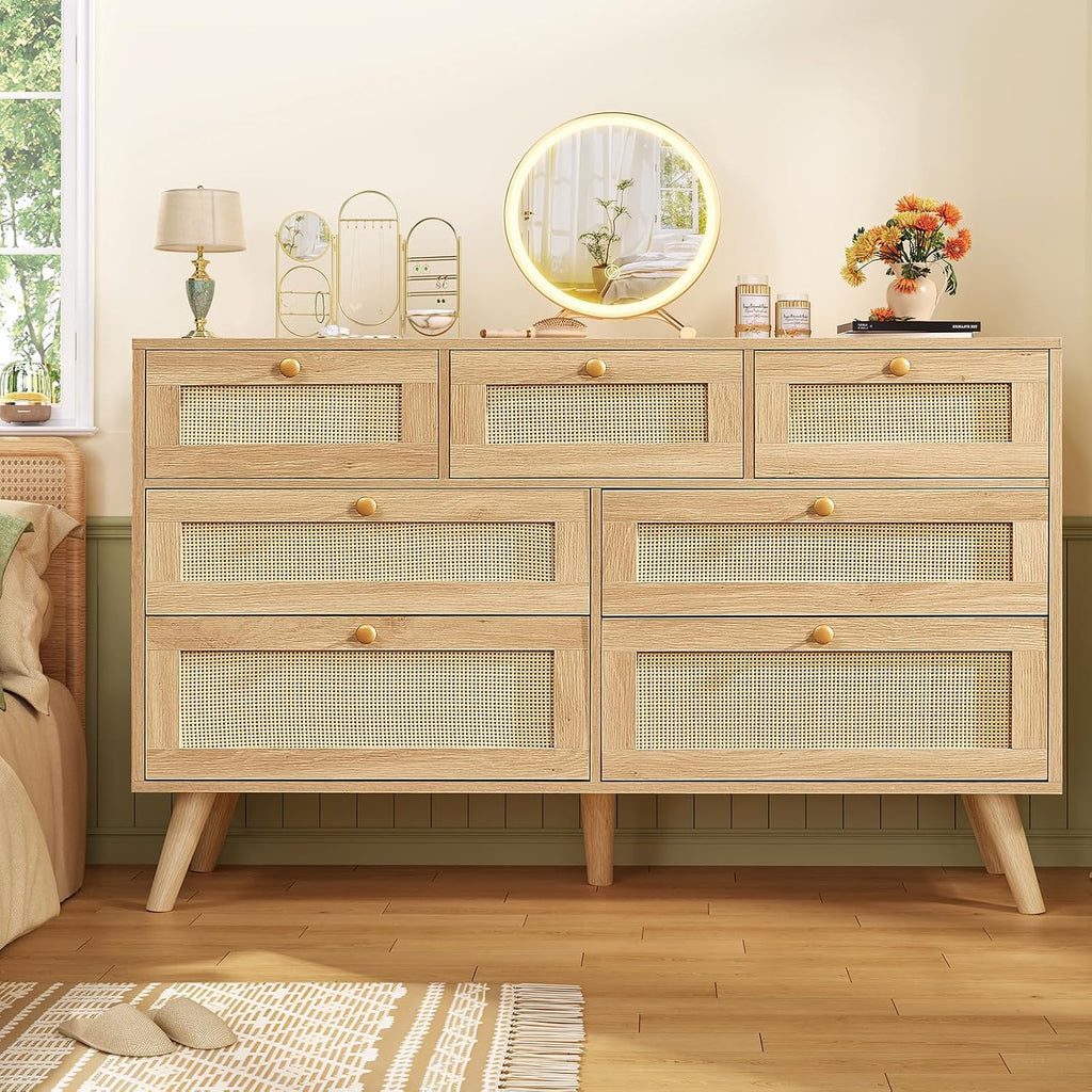 TEENFON Dresser for Bedroom, 47.2''Wide 7 Drawer Rattan Dresser, Wood Dressers TV Stand, Boho Dressers & Chests of Drawers for Bedroom, Entryway, Natural