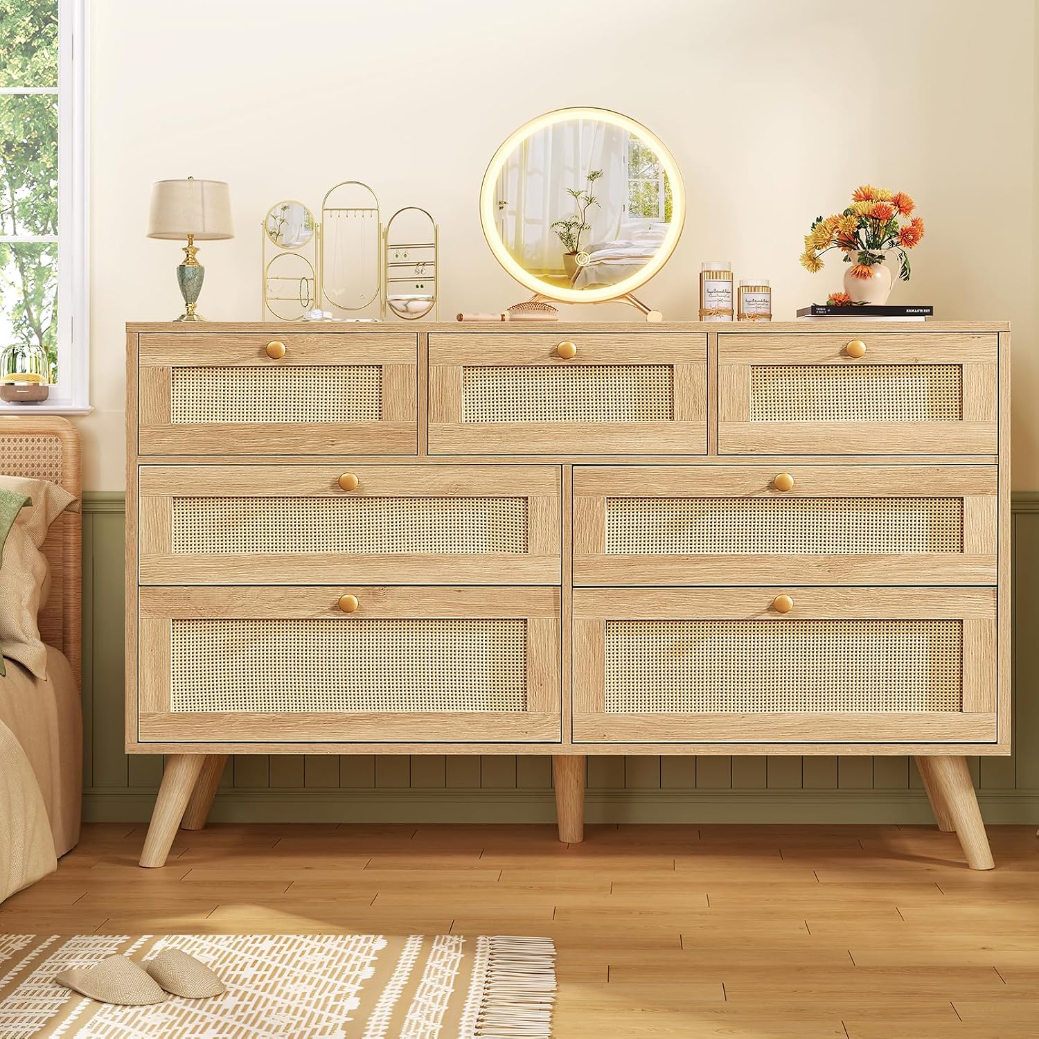 TEENFON Dresser for Bedroom, 47.2''Wide 7 Drawer Rattan Dresser, Wood Dressers TV Stand, Boho Dressers & Chests of Drawers for Bedroom, Entryway, Natural