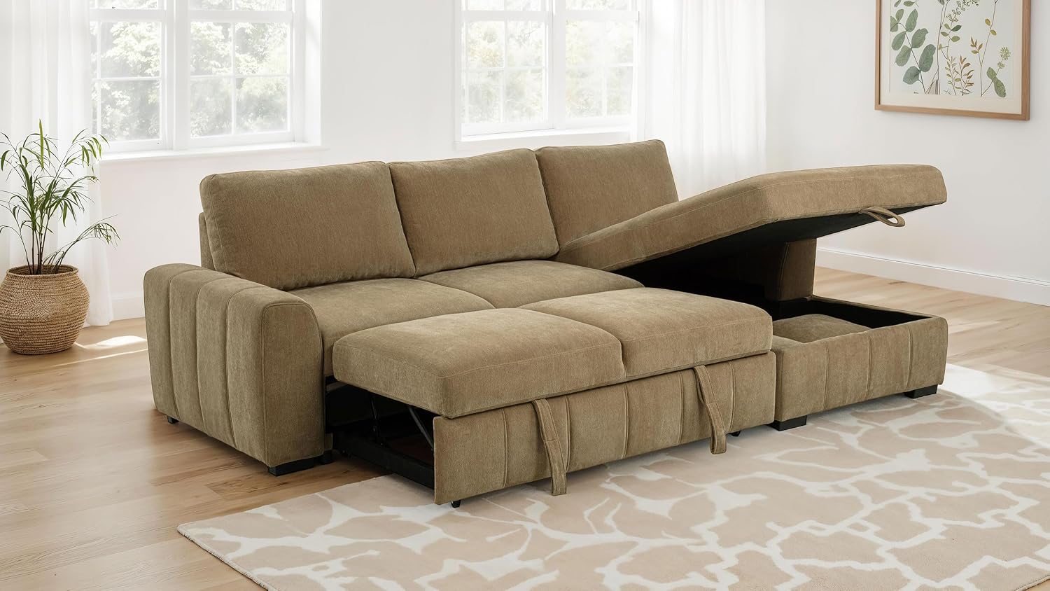 Coaster Home Furnishings - Pastrana - Wood and Fabric - Sleeper Sectional Sofa with Right-arm-Facing Chaise, and Track Arms - Living Room - Camel - 500348