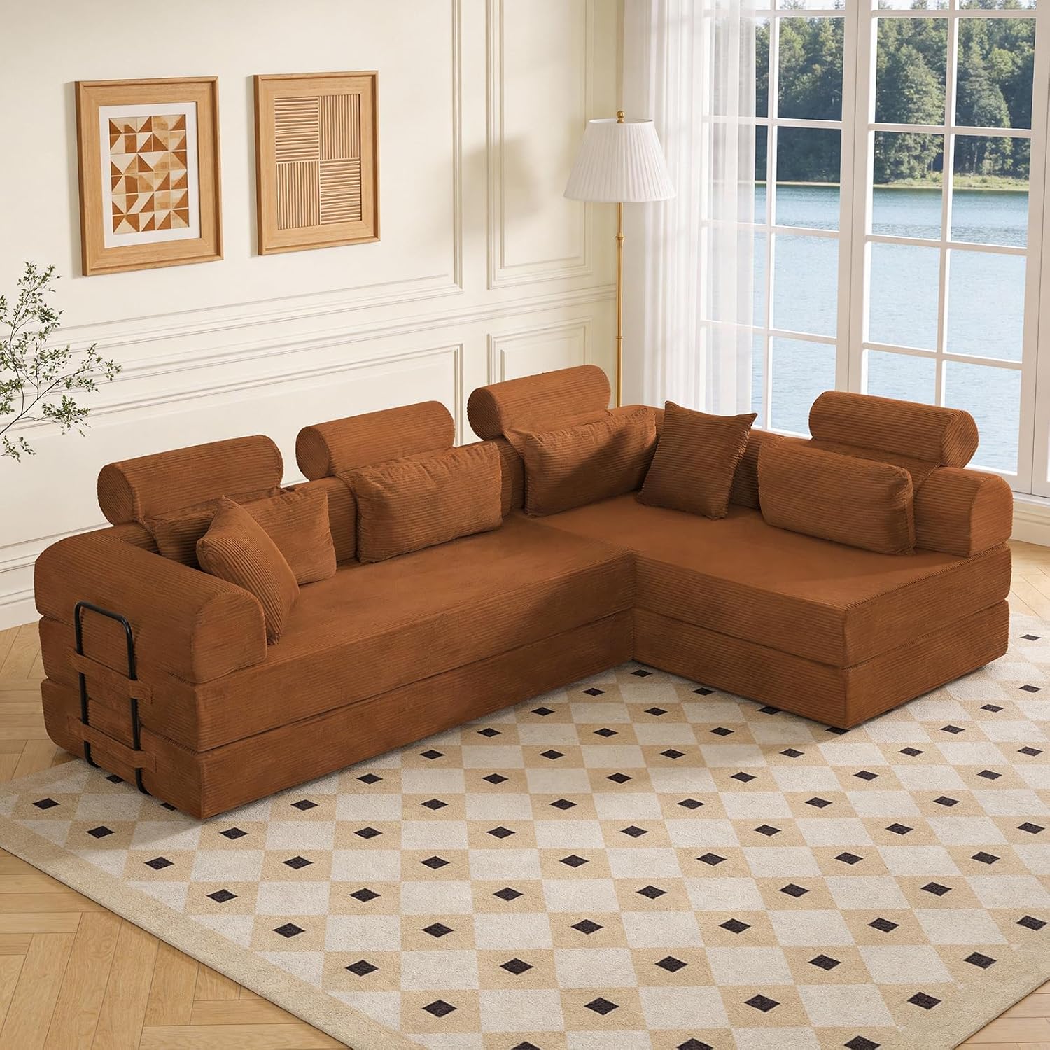 KEIKI 6-in-1 Folding Convertible High Back Sofa Sleeper, 106' Oversized Modular Sectional Corduroy Upholstered L Shape Couches for Living Room, Plush Comfort High-Density Foam for Studio Apartment