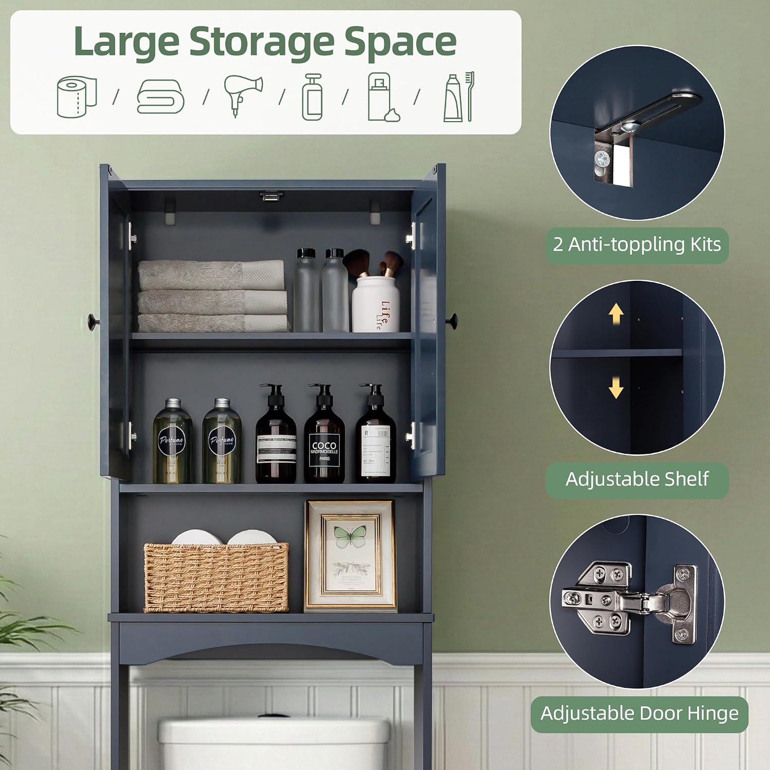 Over The Toilet Storage Cabinet with Rattan Doors, Boho Farmhouse Bathroom Organizer Over Toilet, 5-Level Adjustable Bottom Bar Fits Water Valve, 3 Adjustable Inner Shelves, Navy Blue, 24'x70'