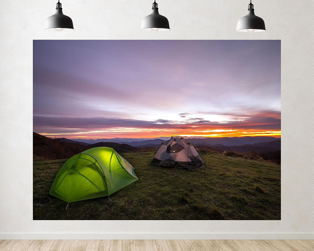 Trykid 20x10ft Green Tents Sunset Backdrop Mountain Camping Scenery Photography Background Outdoor Adventure Shoot Tapestry Party Decoration Photo Studio Prop Fabric