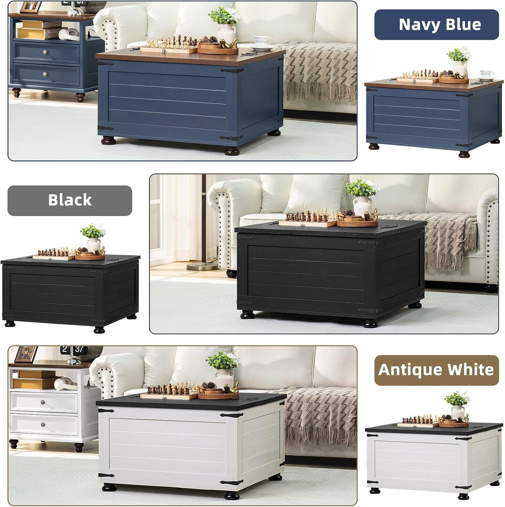Joaxswe Farmhouse Coffee Table with Hidden Storage, 59 Gallon Square Center Table for Living Room, Rustic Wood Cocktail Tables with Flip-Top Lids, Farm House Tables with Wooden Gourd Feet, Navy Blue