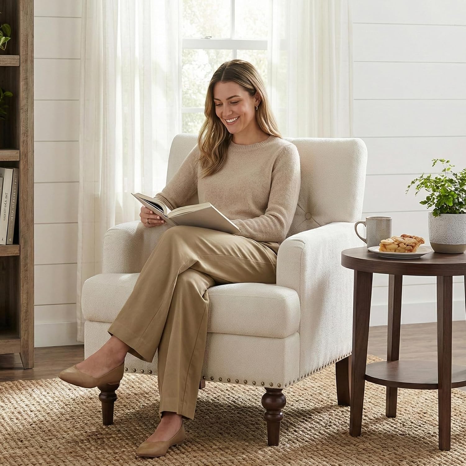 MALOL Upholstered Accent Chair, Comfy Reading Chair for Living Room, Mid Century Modern Armchair with Thick Cushion & Solid Rubberwood Legs, for Bedroom/Small Spaces, Beige