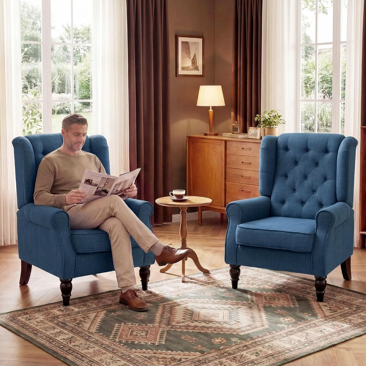 HOMCOM Mid-Century Modern Accent Chair, High Wingback Reading Chair, Button-Tufted Upholstered Fabric Armchair with Retro Wood Legs for Apartment, Living Room, Bedroom, Blue