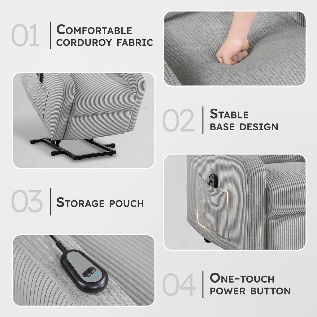 Lexicon Power Lift Recliner Chair for Elderly with Remote Control, Gentle Lift Motion, Side Pocket Armrest, Corduroy Upholstered Electric Recliner for Living Room/Bedroom, Easy Assembly, Light Gray