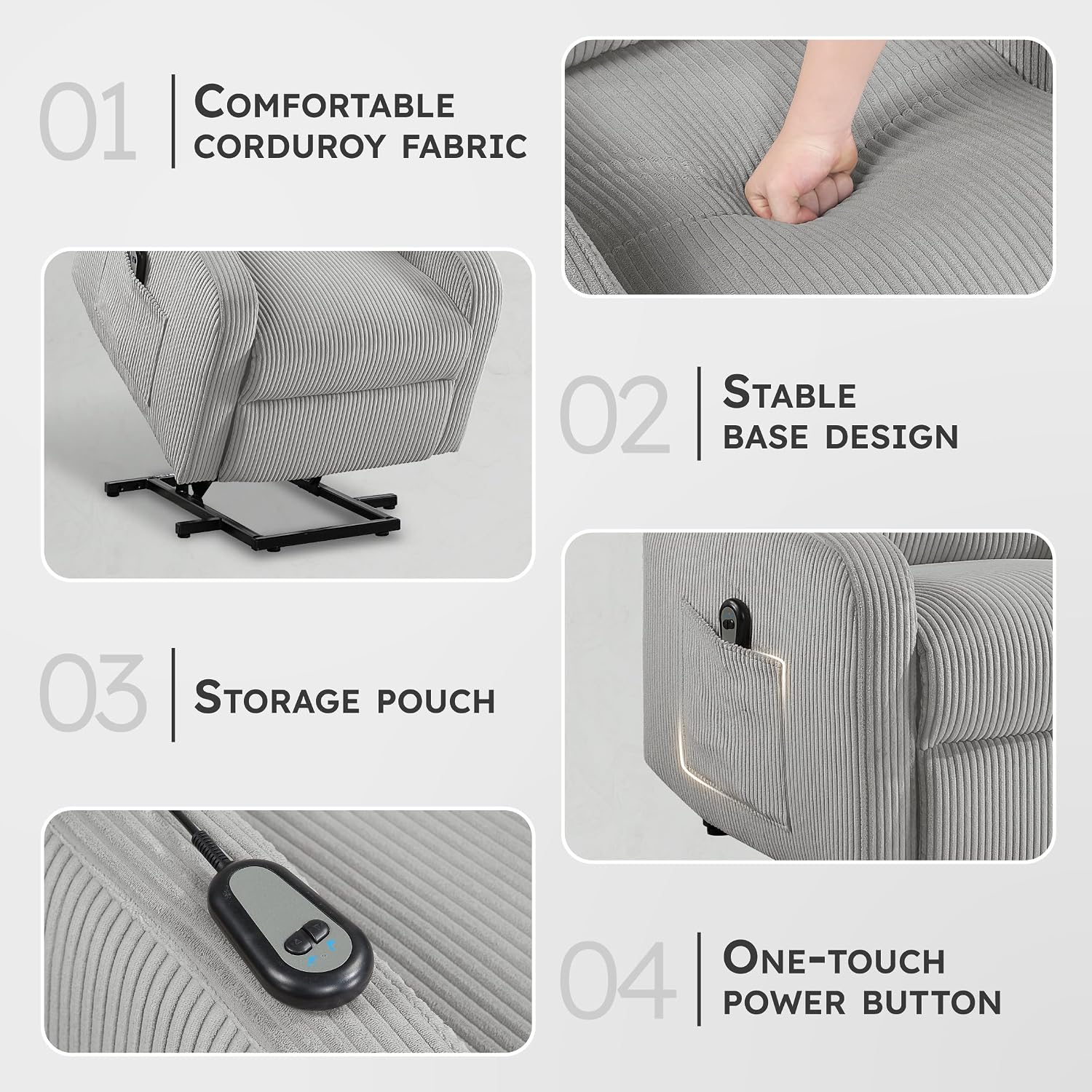 Lexicon Power Lift Recliner Chair for Elderly with Remote Control, Gentle Lift Motion, Side Pocket Armrest, Corduroy Upholstered Electric Recliner for Living Room/Bedroom, Easy Assembly, Light Gray