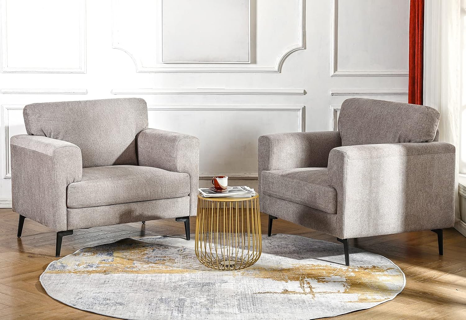 CDCASA Accent Chair, Linen Fabric Oversized Mid Century Modern Chair Set of 2, Comfy Upholstered Armchair Reading Accent Chairs Sofa Chairs for Bedroom Living Room, Light Brown