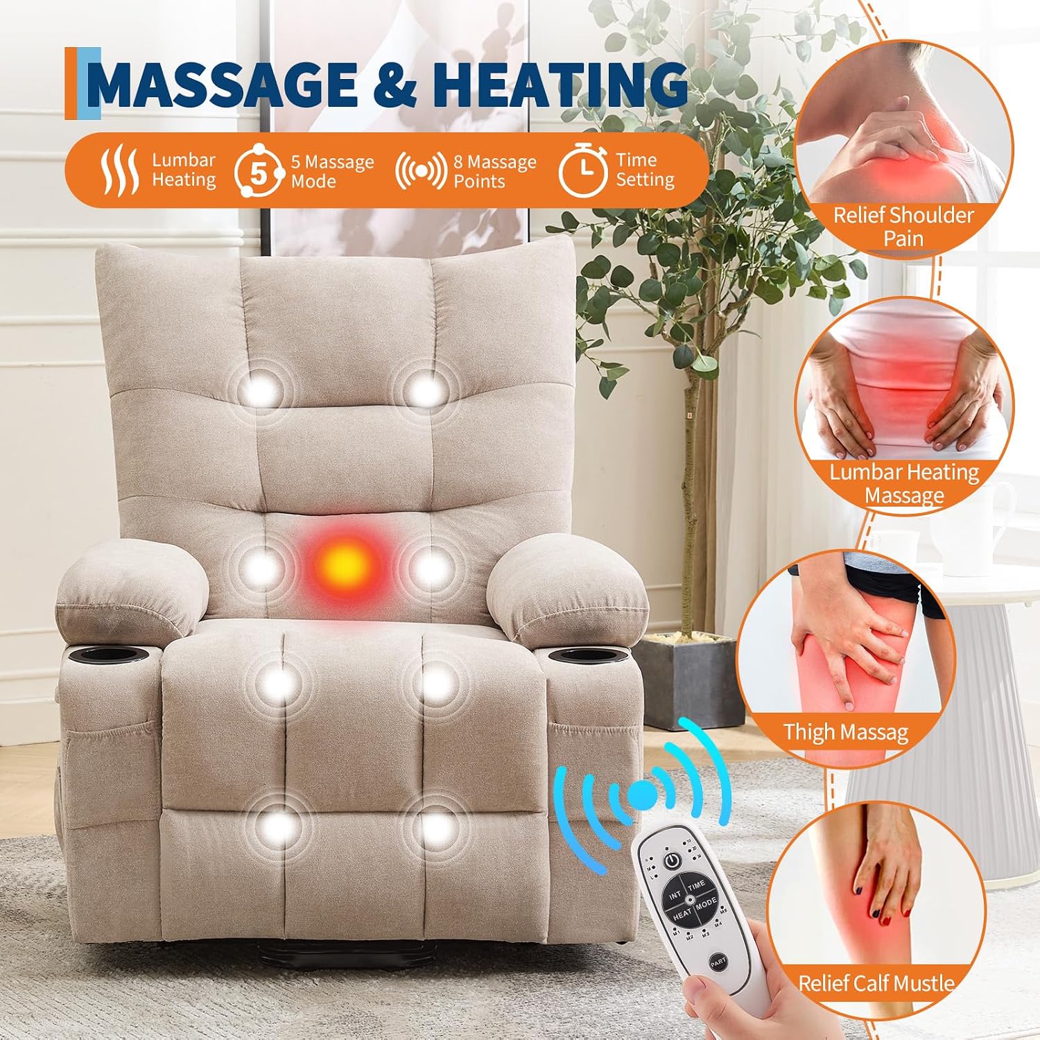 Power Lift Recliner Chair for Elderly - Electric Massage & Heat Recliner with 45° Assist Stand, Living Room Sofa for Small Space Furniture, Swivel Rocker with Cup Holders, Reclining Lounge for Adults