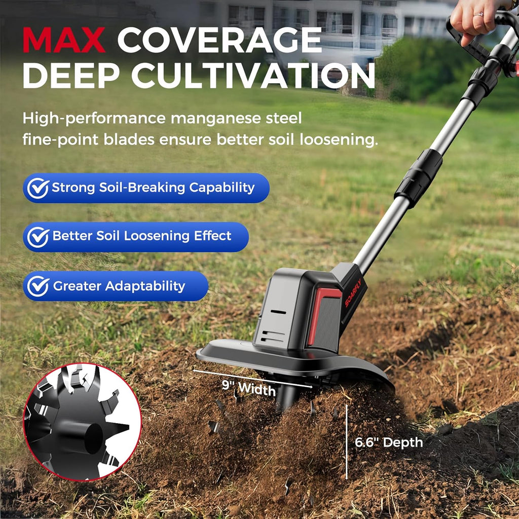 SOARFLY Upgraded Cordless Electric Tiller for Gardening, Total 8.0Ah Battery Powered Mini Cultivator with 2×4.0AH Batteries, 9' Width, 6.6' Depth, 48 Steel Tines Rototiller for Soil Cultivation