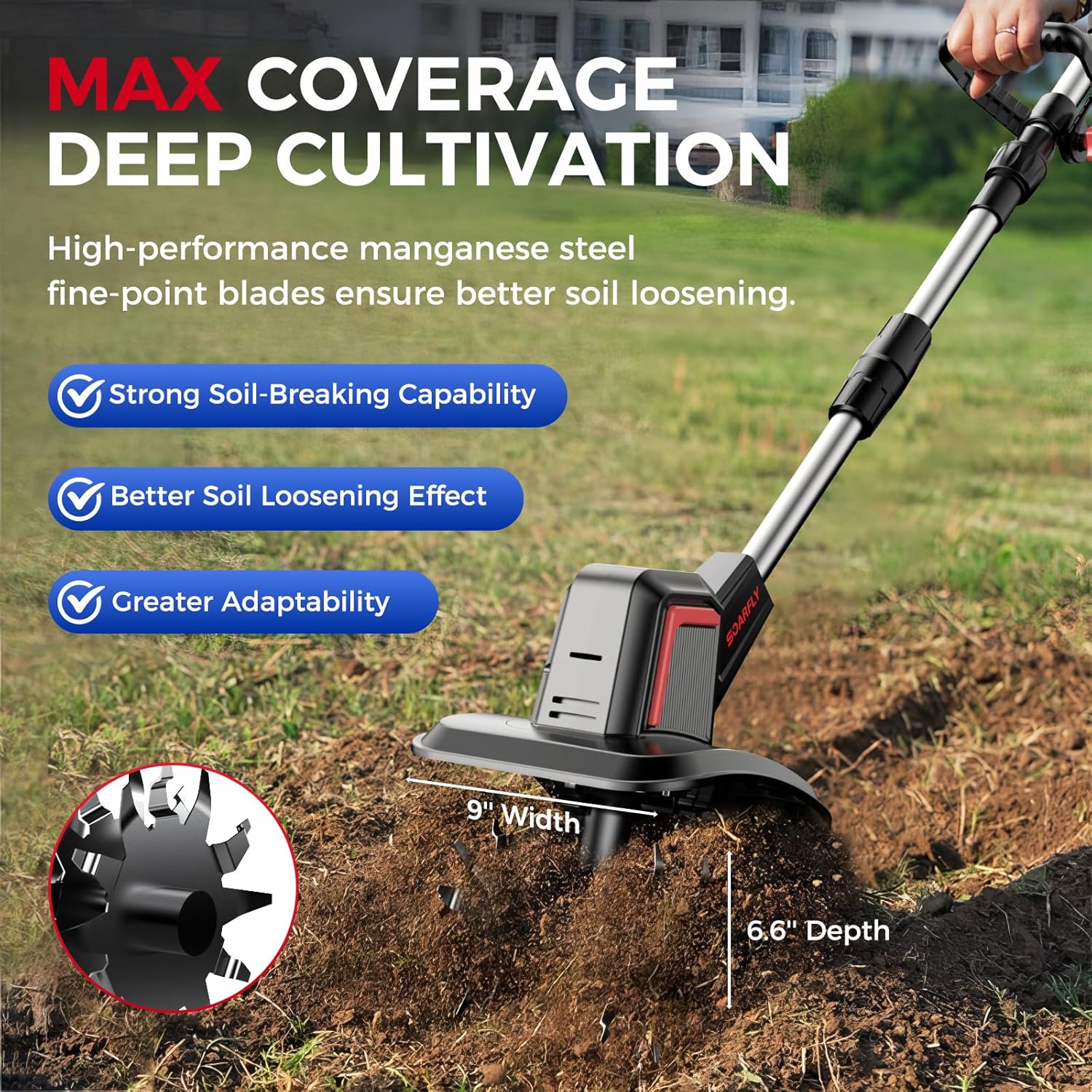 SOARFLY Upgraded Cordless Electric Tiller for Gardening, Total 8.0Ah Battery Powered Mini Cultivator with 2×4.0AH Batteries, 9' Width, 6.6' Depth, 48 Steel Tines Rototiller for Soil Cultivation