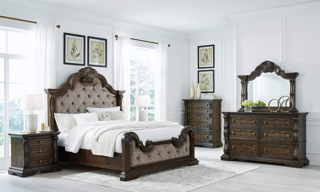Signature Design by Ashley Maylee 6 Drawer Traditional Dresser with Mirror, Bedroom Chest of Drawers, Hardwood Solids, Oak & Ash Swirl Veneers, MDF Substrates, Cast Resin, Dark Brown