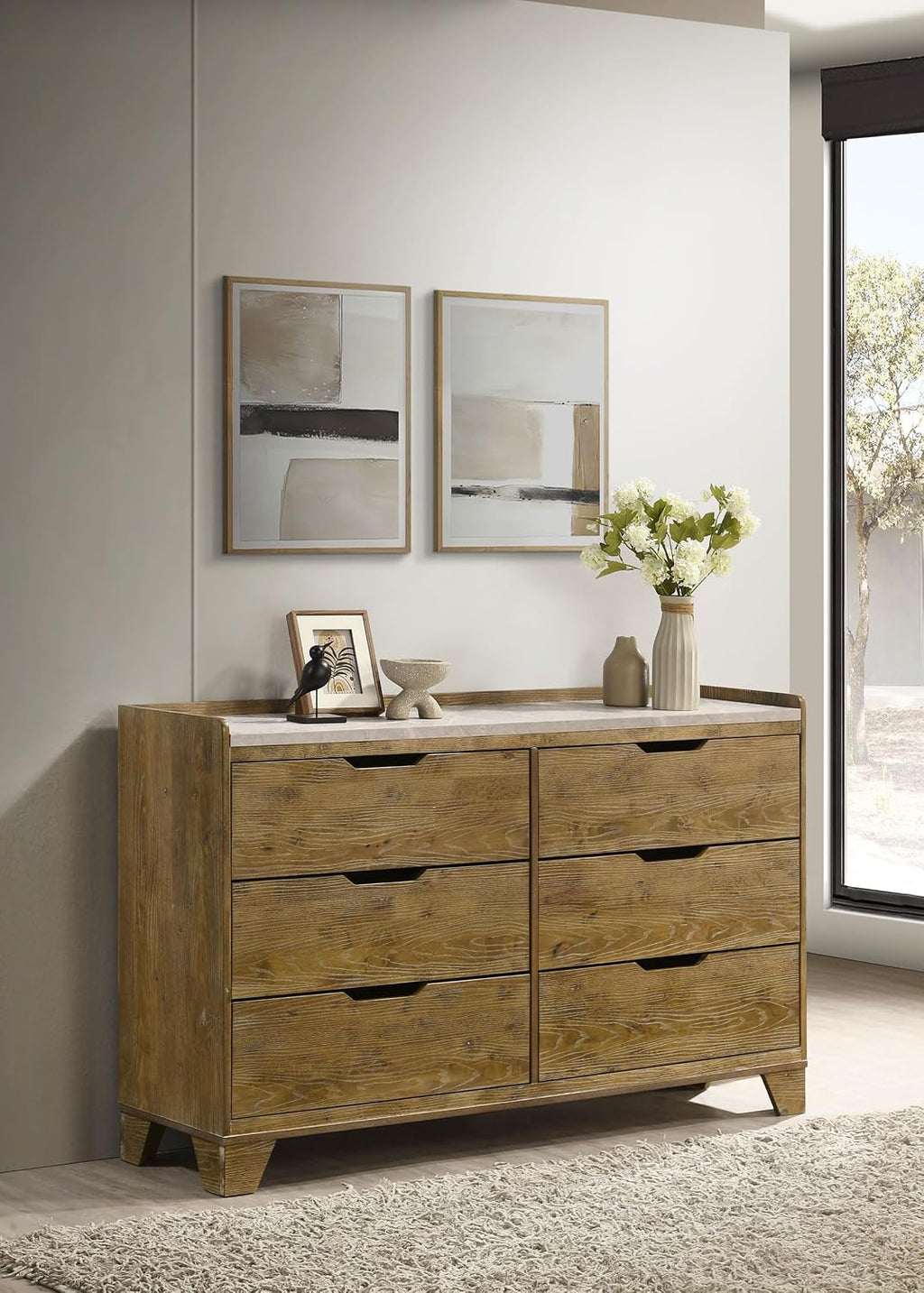 Coaster Home Furnishings - Henderson - Wood - 6-Drawer Dresser with Rustic Design, Faux Marble Top and Tip-Over Restraint - Bedroom - Medium Oak - 222973
