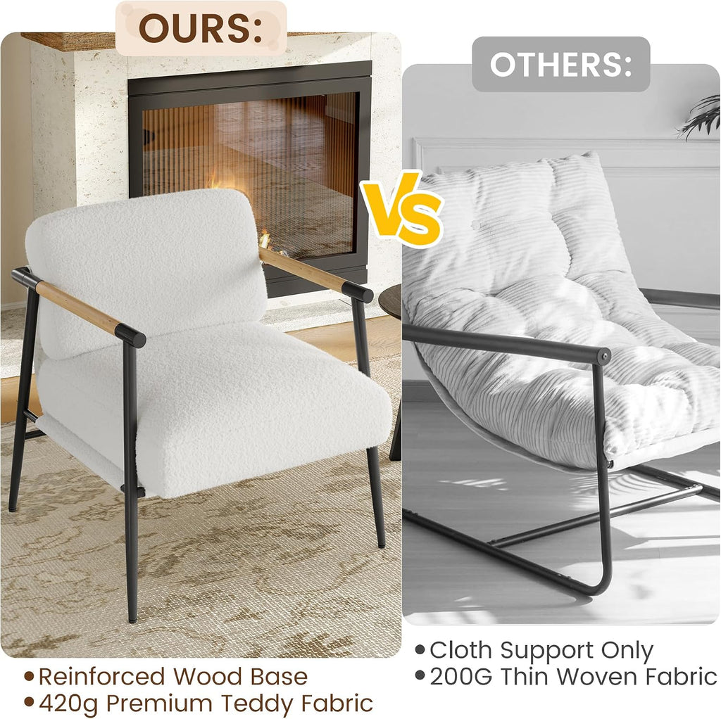 GarveeHome White Comfy Chair Set of 2, Modern Accent Chair with Metal Frame, Cozy Reading Chair with Soft Cushion & Wood Armrest for Bedroom, Living Room, White Set of 2