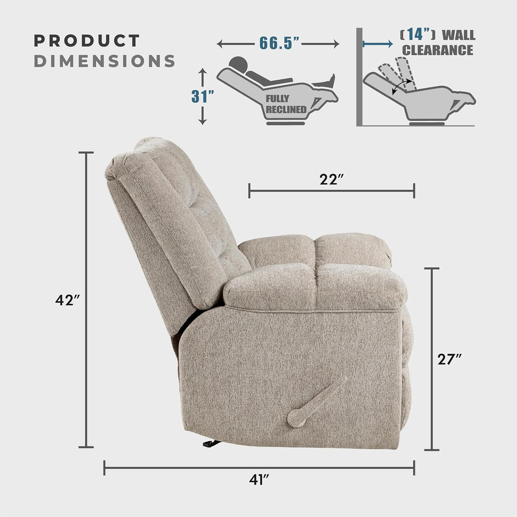 Lexicon Chenille Rocker Reclining Chair for Adults, Rocker Pull Handle Recliner, Nursery Chair for Living Room/Bedroom, High Back, Pillow Top Arms, High Density Foam Cushions, Light Brown