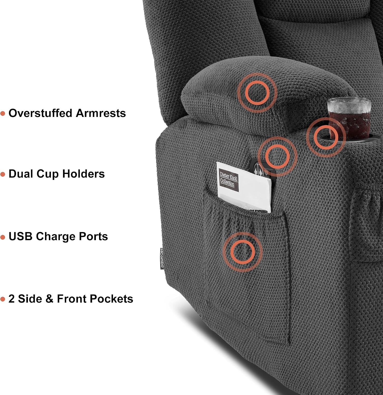 MCombo Zero Gravity Power Loveseat Sofa with Console, Heat and Massage, Reclining Loveseat for Living Room, Fabric 6035SET (Grey, Loveseat with Console)