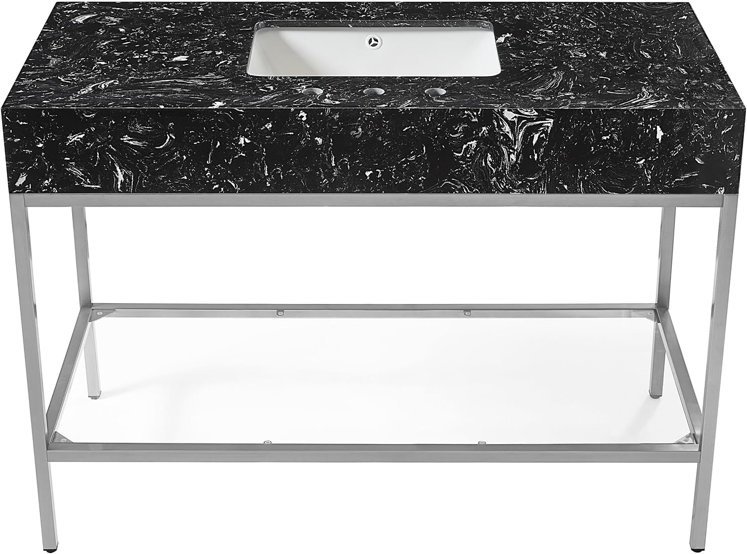 Meridian Furniture 408Black-48 Marmo Collection Modern | Contemporary Bathroom Vanity with Black Engineered Stone with White Veining, Brushed Chrome Stailness Steel Base, 48' W x 23' D x 34' H, Black