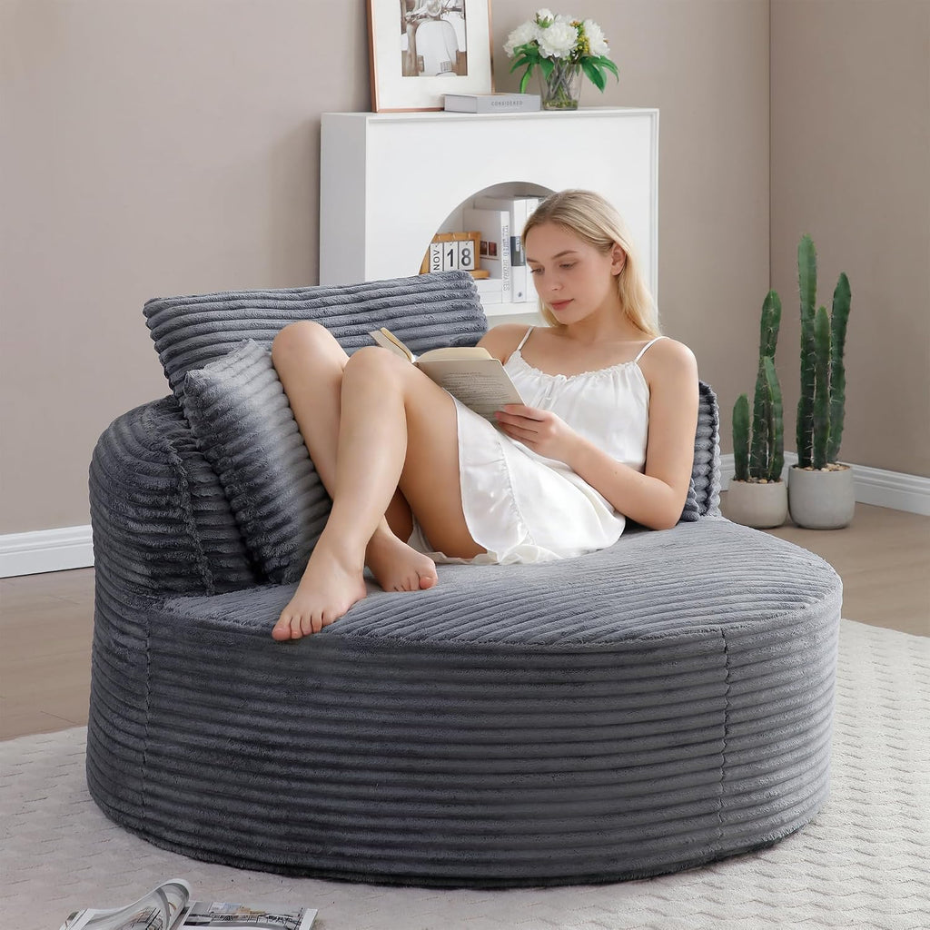 53.5' Oversized Round Chaise Lounge Chair, Modern Corduroy Compressed Cloud Circle Sofa, No Assembly Required Boneless Floor Chair with Pillows, Comfy Lazy Sleeper for Living Room,Gray