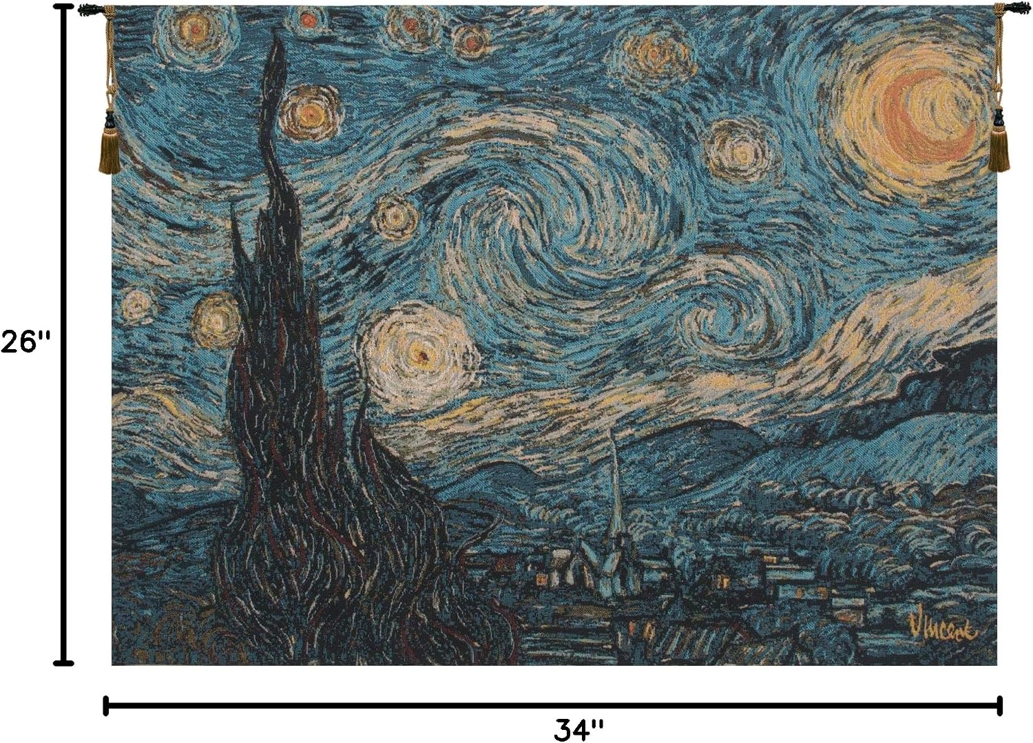 C Charlotte Home Furnishings Inc The Starry Night European Tapestry Wall Hanging | Viscose Cotton and Polyester Blend Wall Art | 26 in. x 34 in | Home Decor Accents | Inspired by Vincent Van Gogh