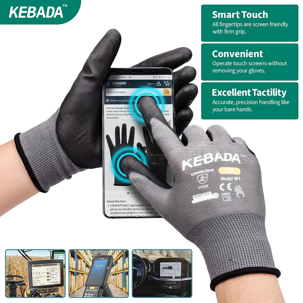 Kebada Safety Work Gloves,120 Pairs Bulk Pack, Touchscreen, PU Coated, Ideal for Warehouse, Construction, Gardening and Mechanics, Grey, X-Small