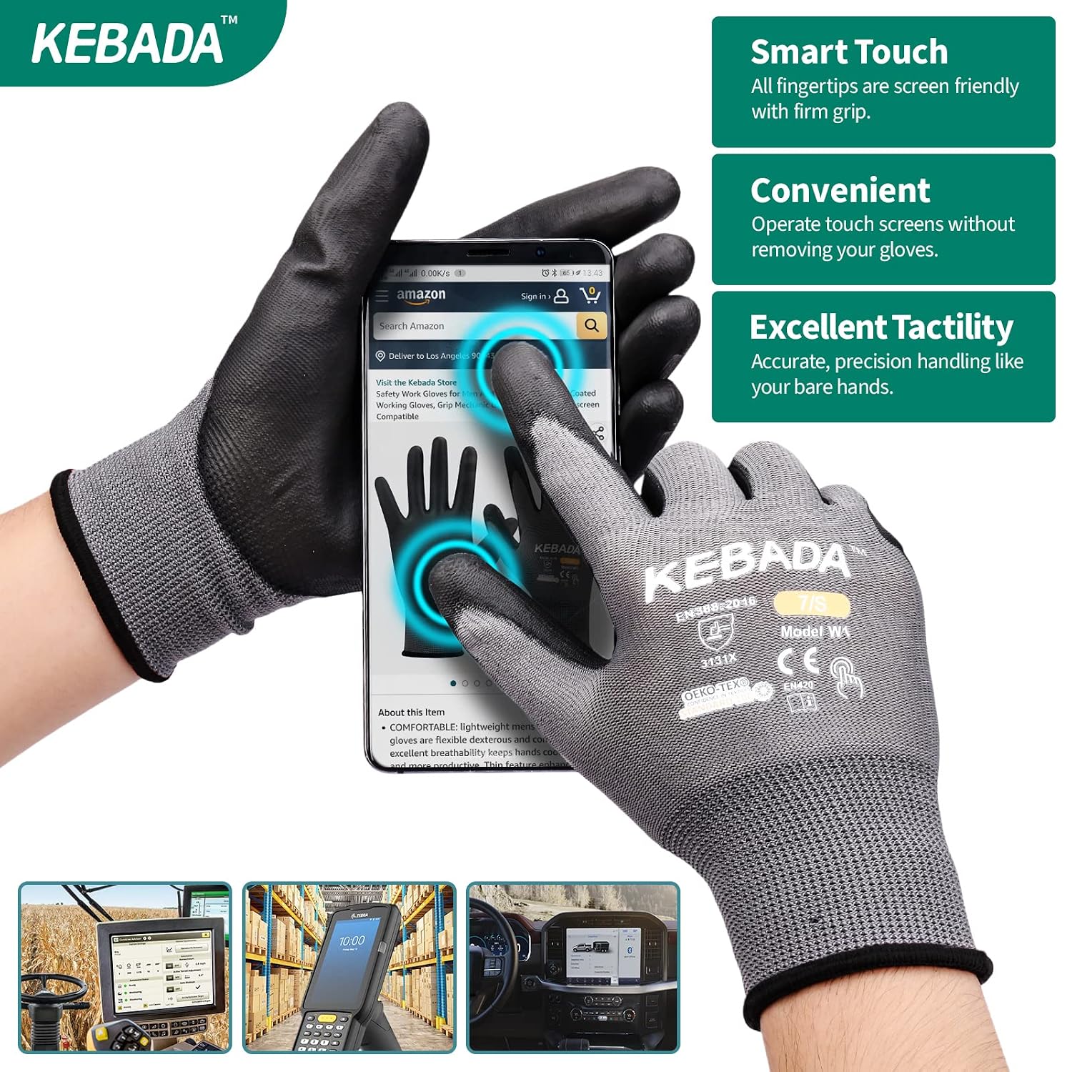 Kebada Safety Work Gloves,120 Pairs Bulk Pack, Touchscreen, PU Coated, Ideal for Warehouse, Construction, Gardening and Mechanics, Grey, X-Small