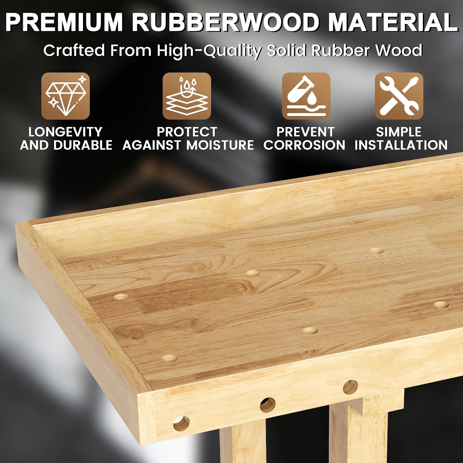 100% Solid Rubber Wood Work Bench, 60' Heavy Duty Workbench with Drawer & Adjustable Handle, 350Lbs Load Capacity Woodworking Bench for Garage, Workshop, Home Storage