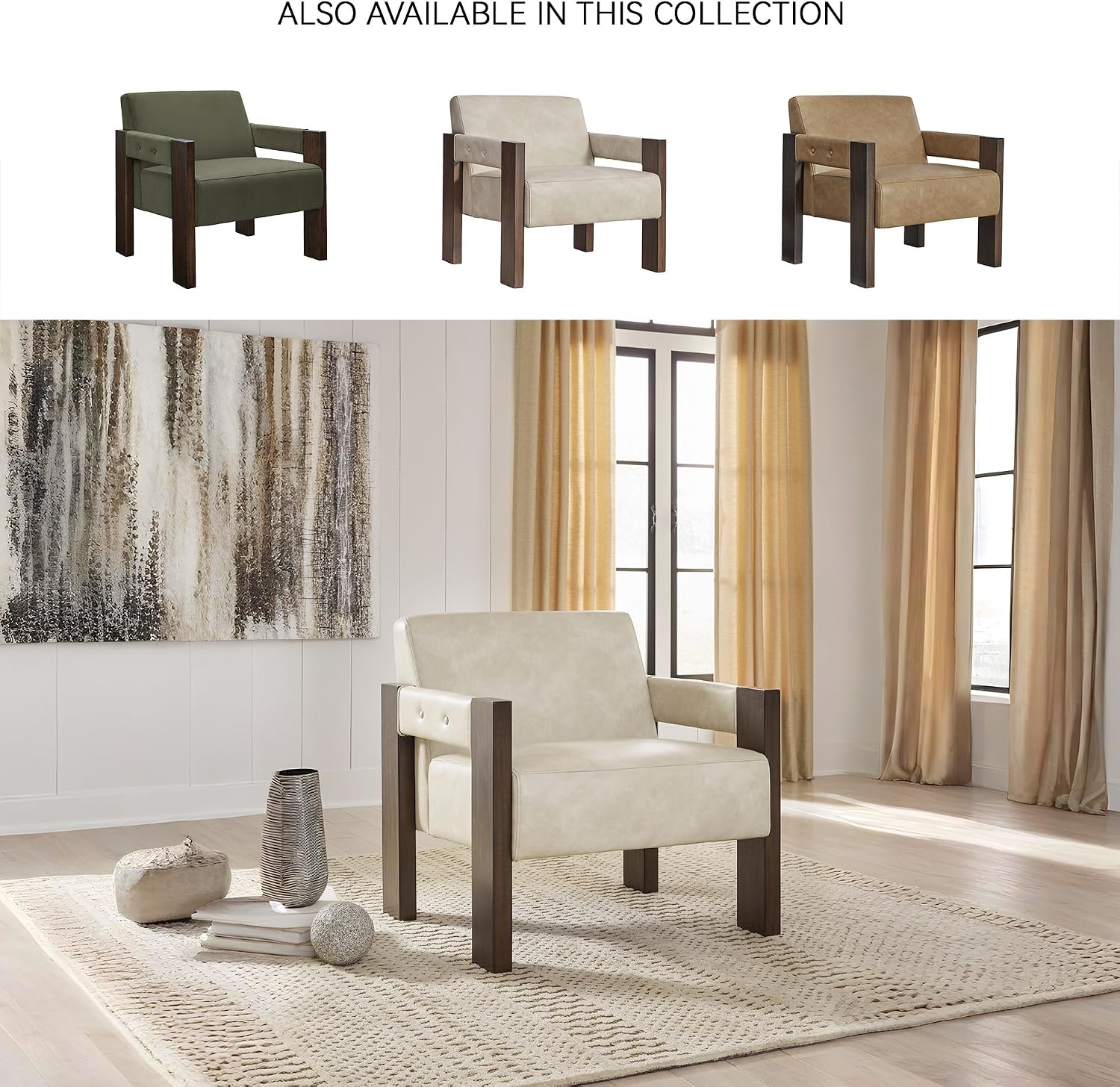 Signature Design by Ashley Adlanlock Contemporary Faux Leather Upholstered Solid Wood Accent Chair, Beige & Dark Brown