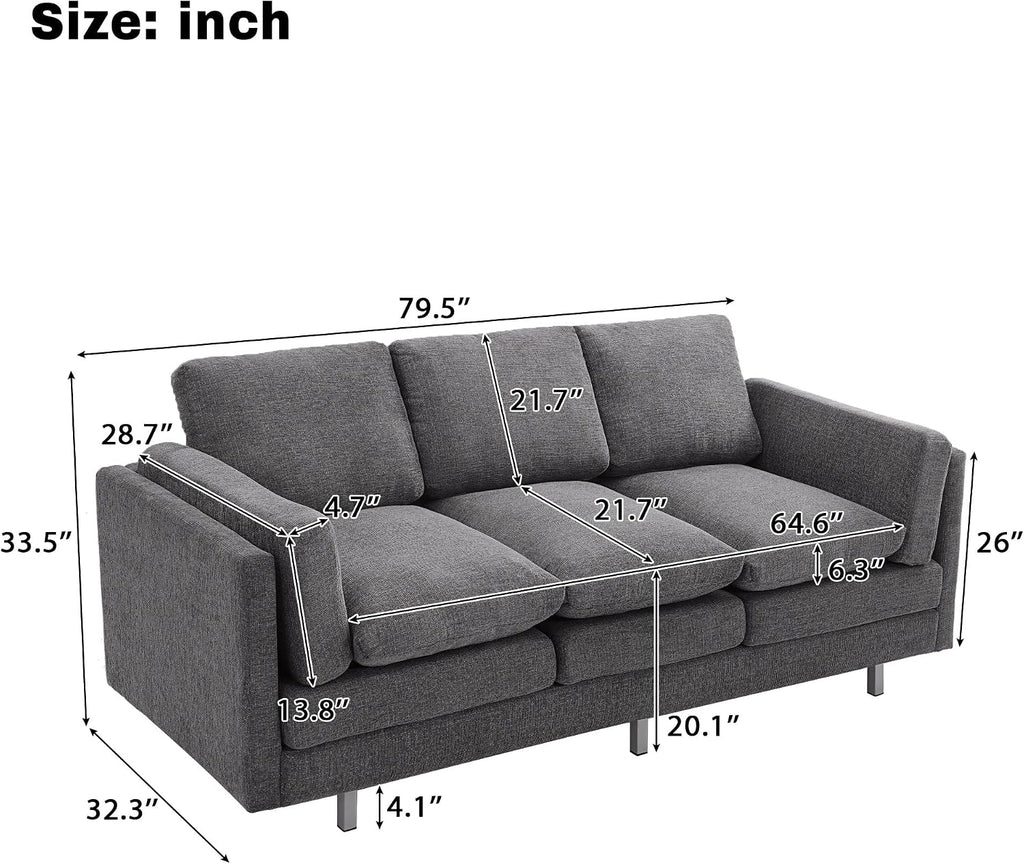 Christopher Knight Home Vincenzo 79.5' Sectional Sofa, 3 Seater Couch, Chenille Upholstered Sofa Chair, Metal Legs Couch, Dual-Layer Cushions Armchair, Comfort Seating for Reading Living Room, Gray
