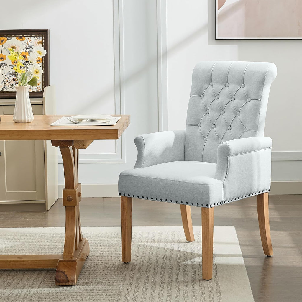 WUTUTUEE Fabric Dining Chair with Arms, Upholstered Tufted High Back Dining Room Chairs, Accent Armchair with Solid Wood Leg and Nailhead Trim, Kitchen Dining Living Room, Sky Blue