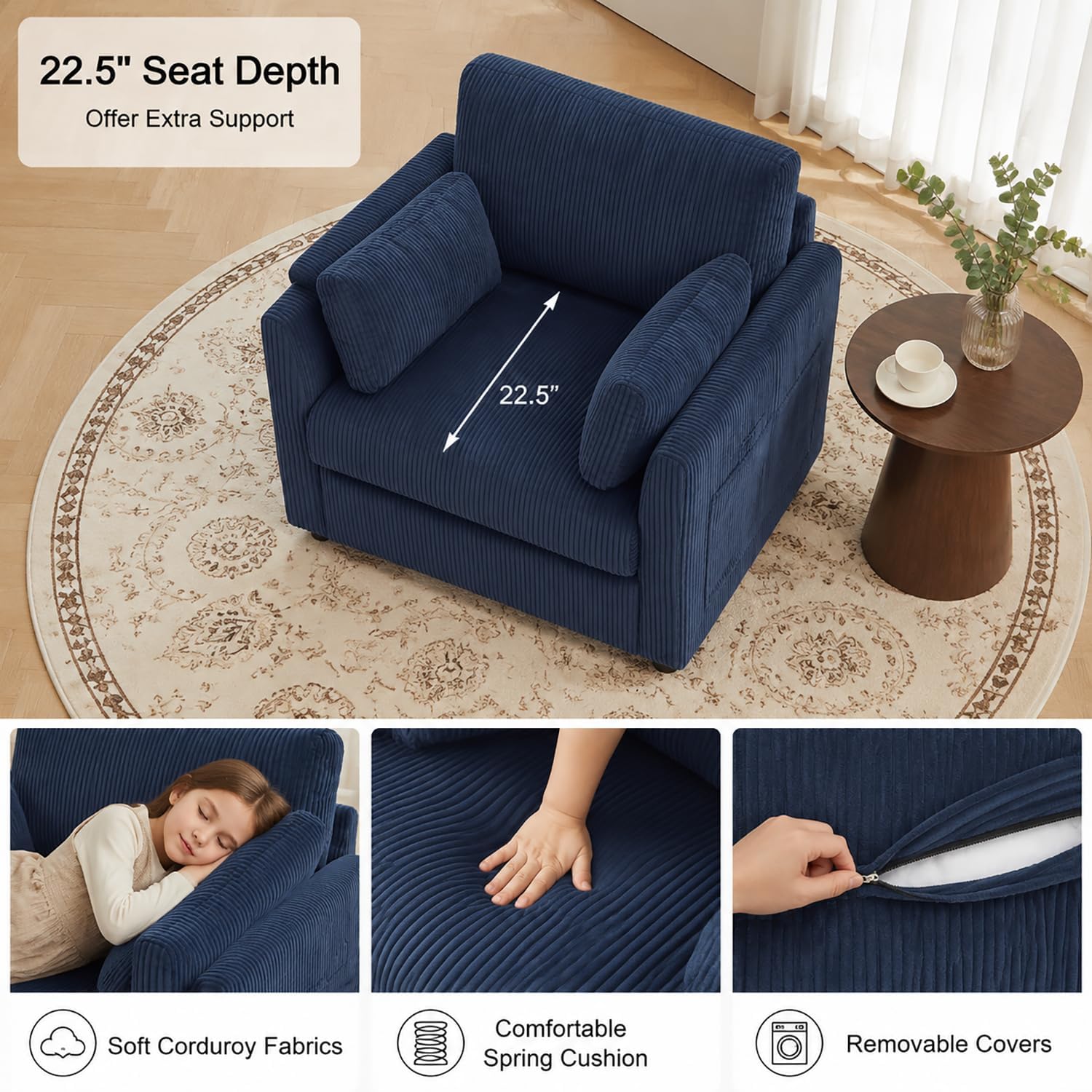 Modern Corduroy Accent Chairs, 38' W Reading Armchair with Comfy Pillows and Side Pockets, Single Reading Chairs for Living Room, Bedroom, Apartment, Navy Blue