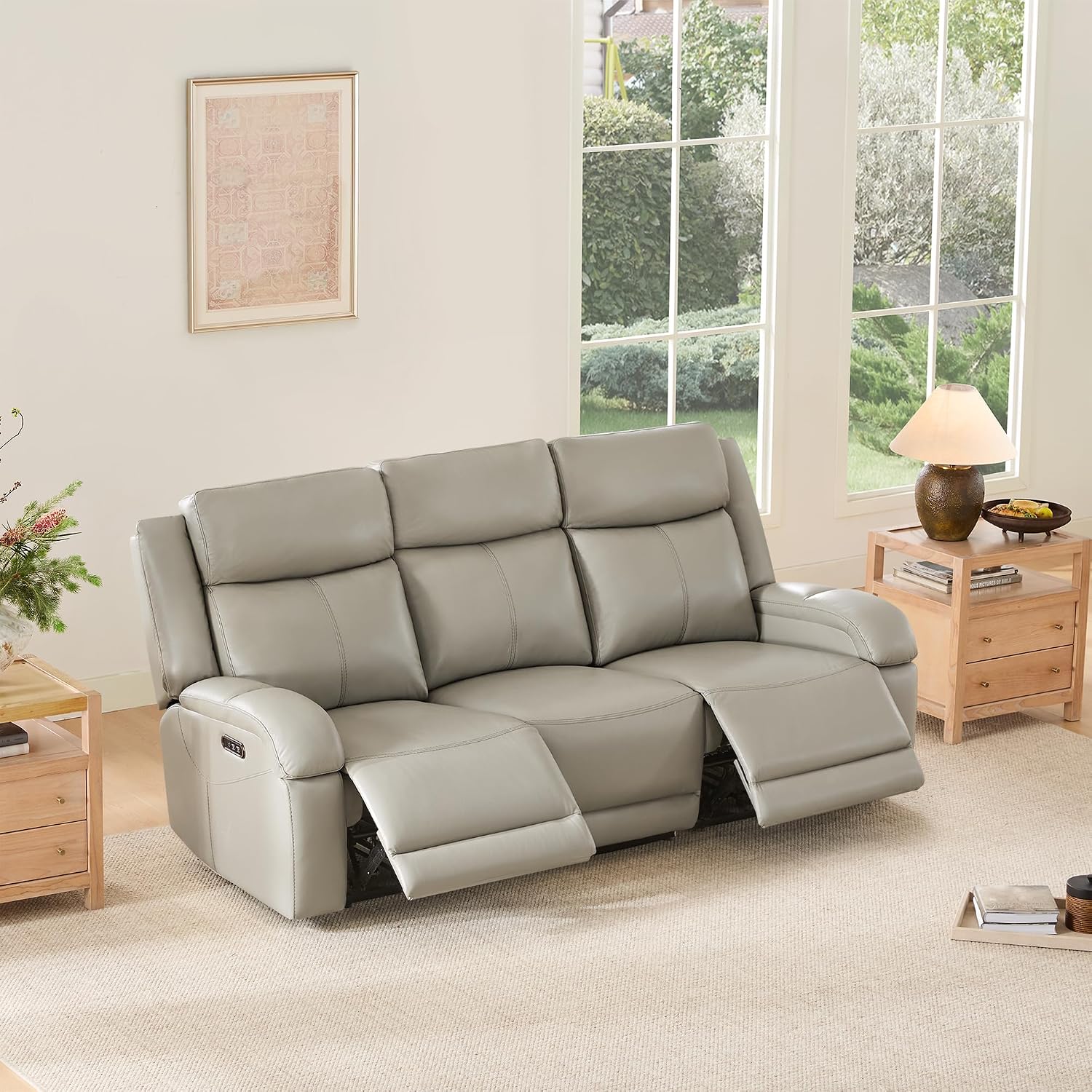 Watson & Whitely Genuine Leather Power Recliner Sofa, 3 Seater Wall Hugger Reclining Sofas with Power Headrest, USB & TypeC Ports, Electric Recliner Couch Set for Living Room, Grey