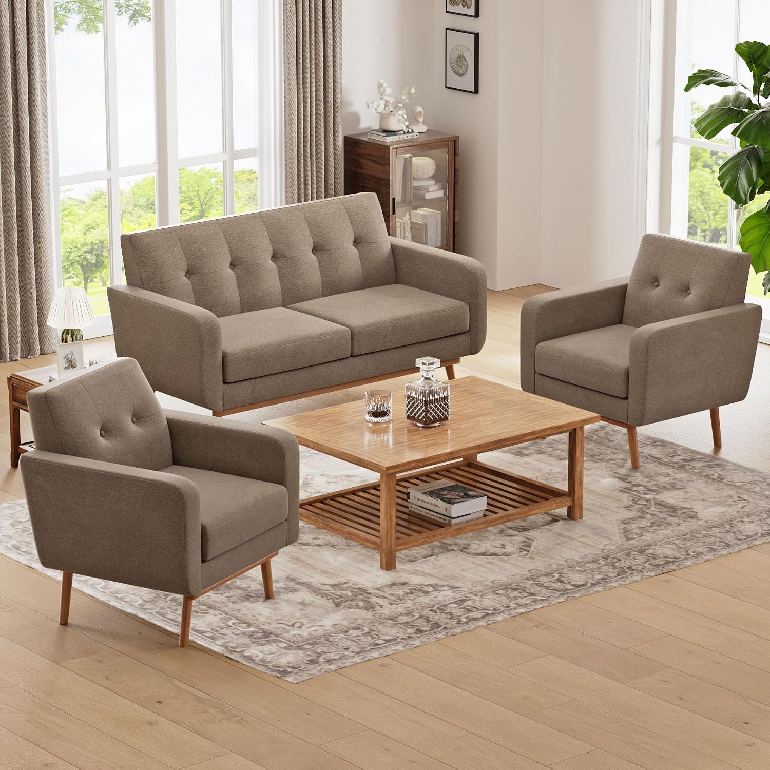 HUIMO Living Room Set, Button Tufted Living Room Furniture Sets, Upholstered Modern Couch Set with Solid Frame, Sofa Set for Living Room (Brown, 3 Piece Set-1*loveseat+2*Chair)