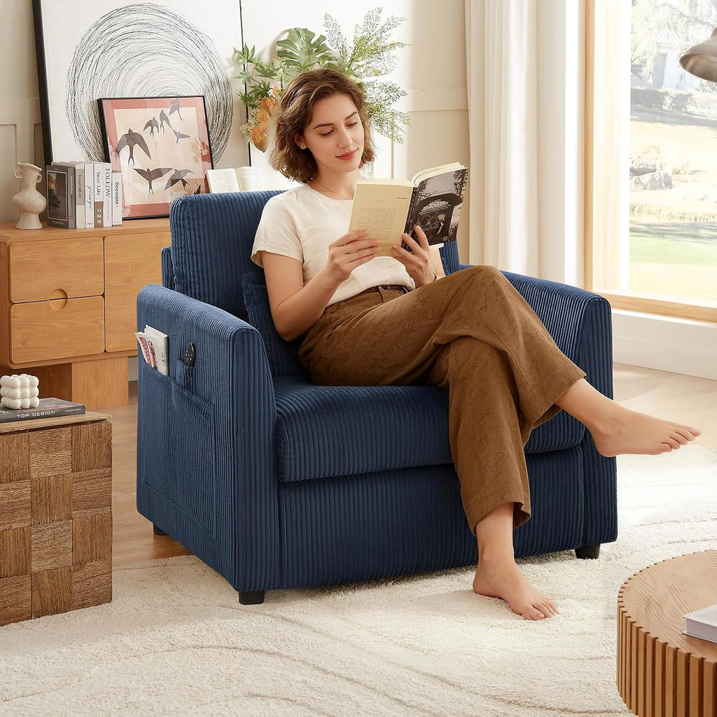 Modern Corduroy Accent Chairs, 38' W Reading Armchair with Comfy Pillows and Side Pockets, Single Reading Chairs for Living Room, Bedroom, Apartment, Navy Blue