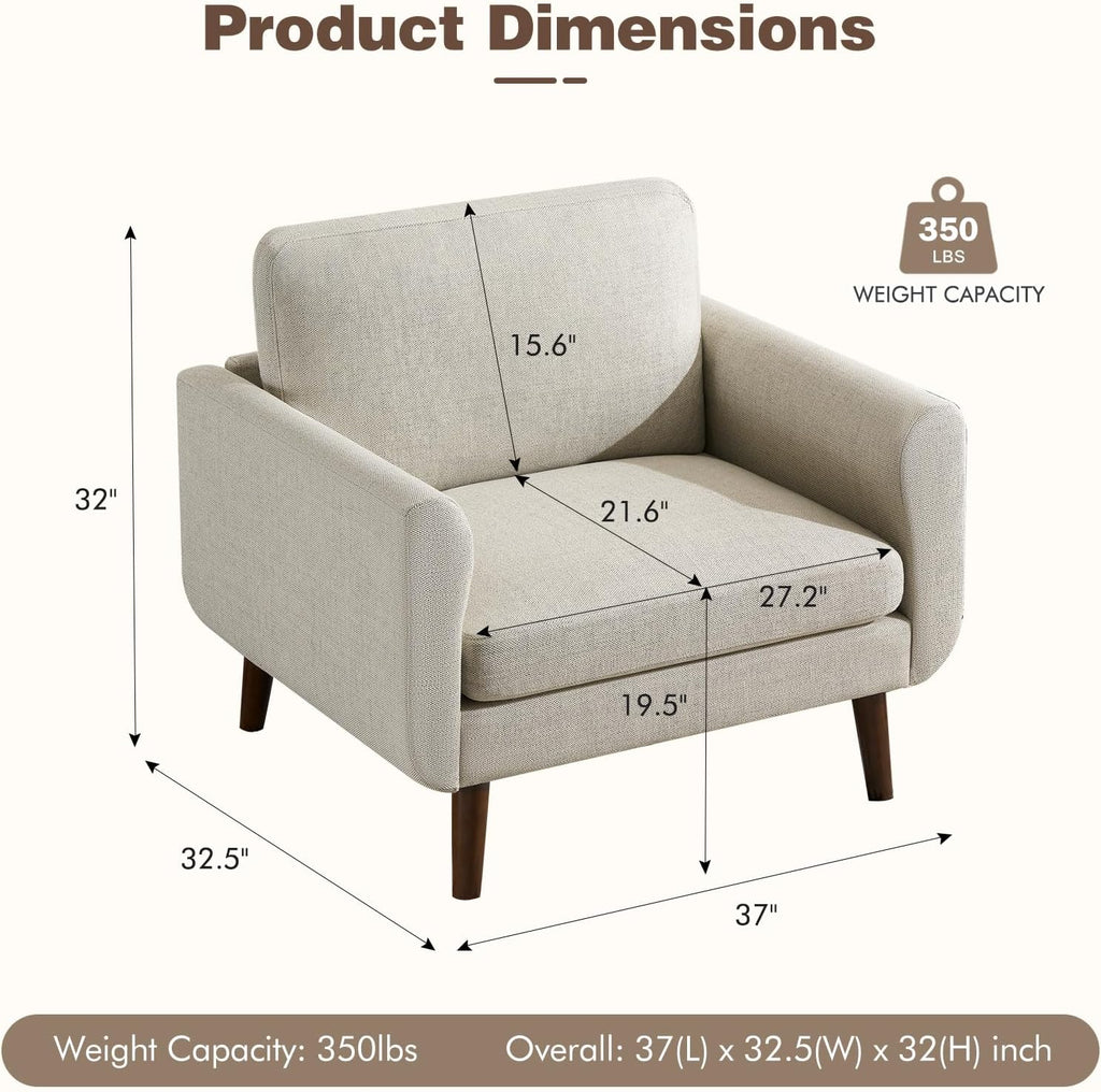 Oversized Accent Chair for Living Room, Mid-Century Modern Comfy Reading Chair, Linen Fabric Solid Wood Frame Armchair, Upholstered Oatmeal Living Room Accent Chairs for Adults