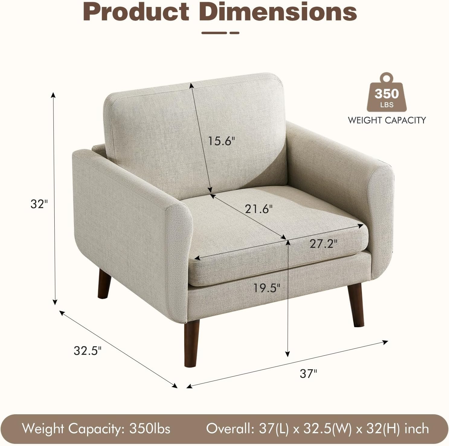 Oversized Accent Chair for Living Room, Mid-Century Modern Comfy Reading Chair, Linen Fabric Solid Wood Frame Armchair, Upholstered Oatmeal Living Room Accent Chairs for Adults