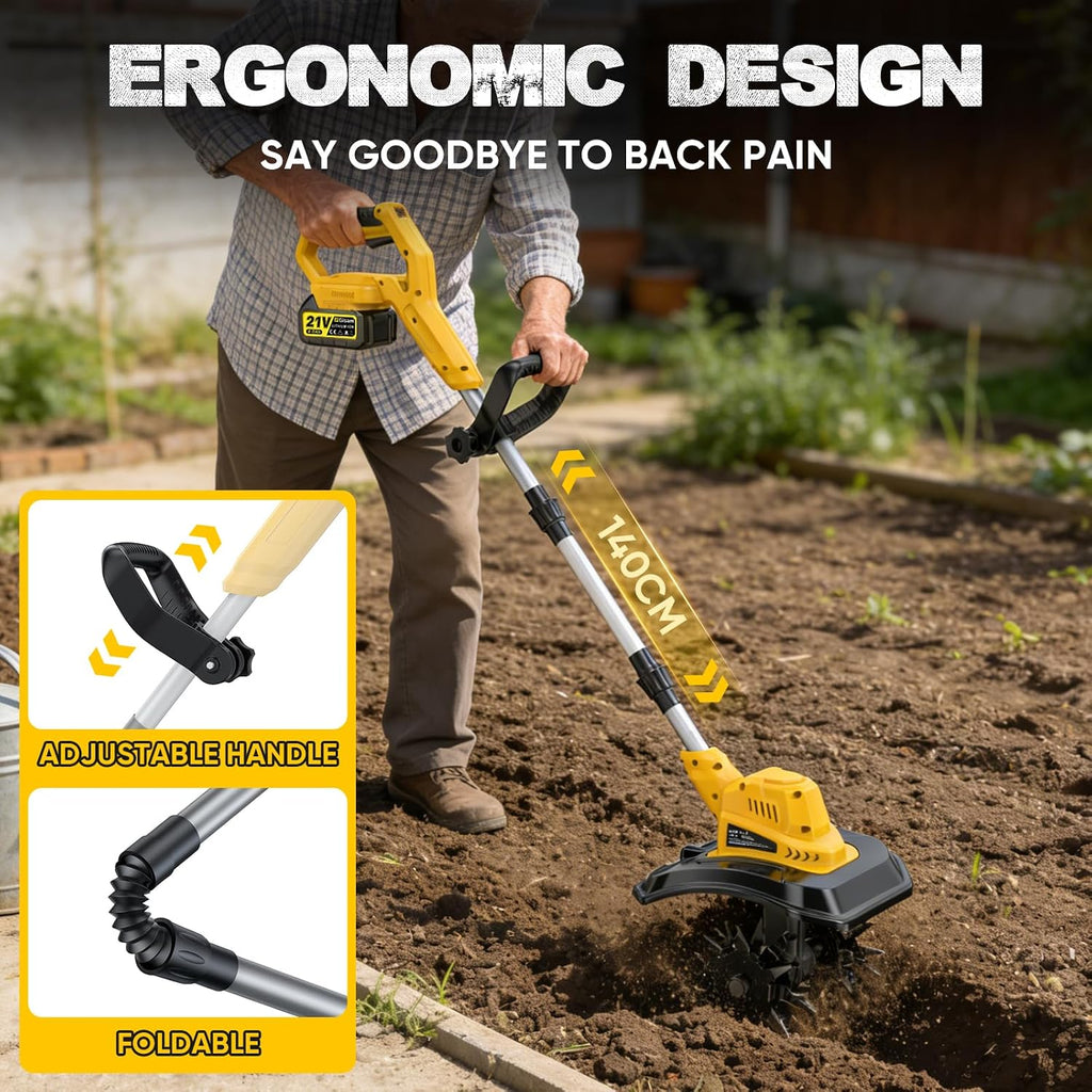 Cordless Tiller Cultivator, 400RPM Electric Rototiller with 2×4.0Ah Battery & Charger, 9' Width 8.3' Depth, Adjustable Foldable Garden Tiller with LED Power Display for Gardening/Soil Cultivation