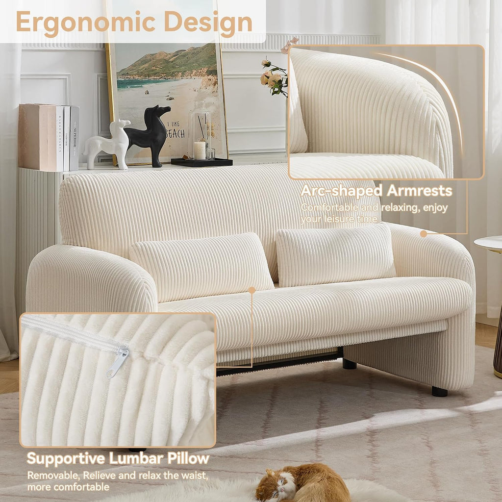 WUTUTUEE 56'' Corduroy Loveseat Sofa, 2 Seater Love Seat Couch for Small Space, Comfy Upholstered Modern Leisure Loveseat Couches with Lumbar Pillows for Bedroom, Office, Living Room, White