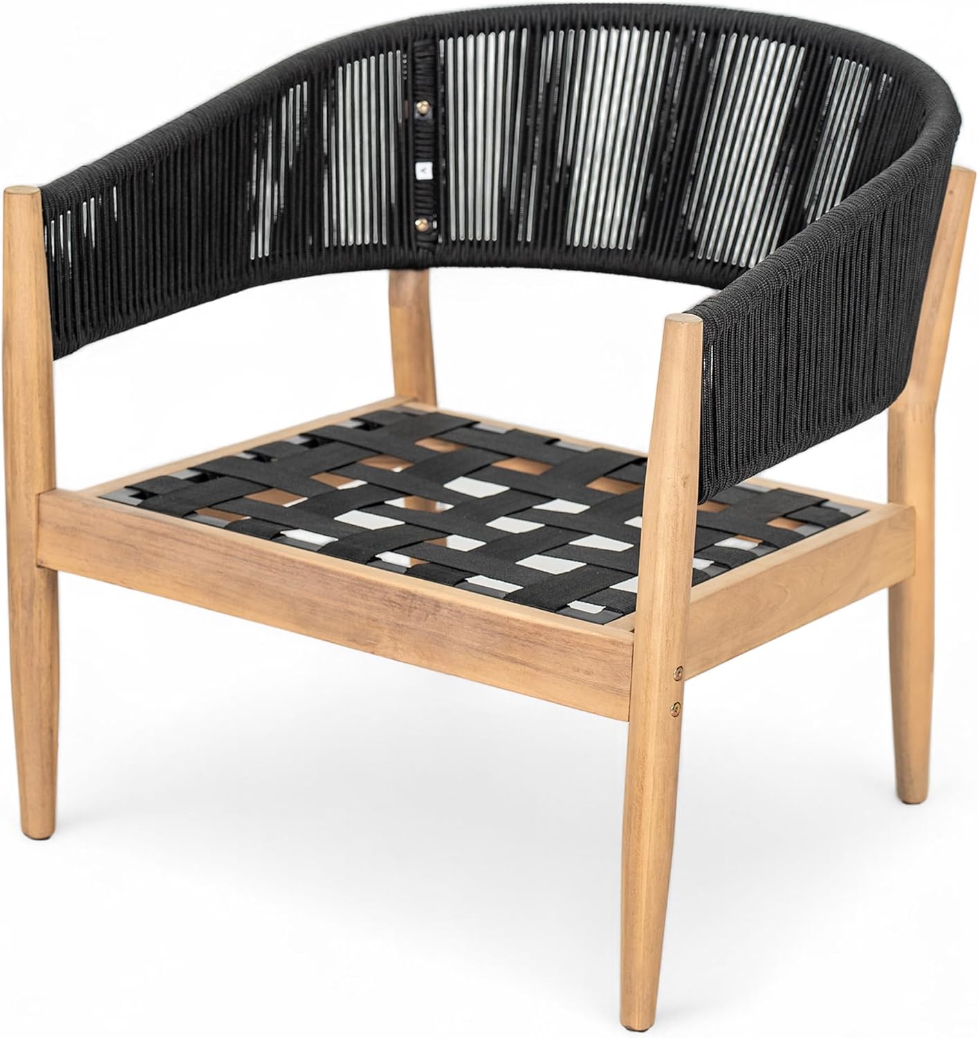 Christopher Knight Home Naomi Set of 2 Patio Acacia Wood Club Chair with Cushions, Handwoven Rope Lounge Chair Outdoor for Porch/Backyard, Stylish Garden Seating with Curved Backrest, Beige + Black
