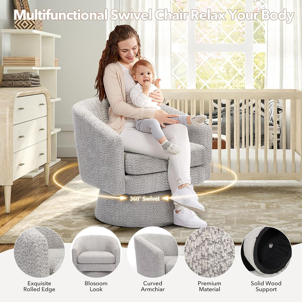 360° Swivel Barrel Accent Chair, Modern Chenille Upholstered Armchair with Curved Back, Soft Cushion & Arms, Wooden Frame, Storage Pocket, Comfy Reading Lounge Chair for Living Room, Bedroom, Office