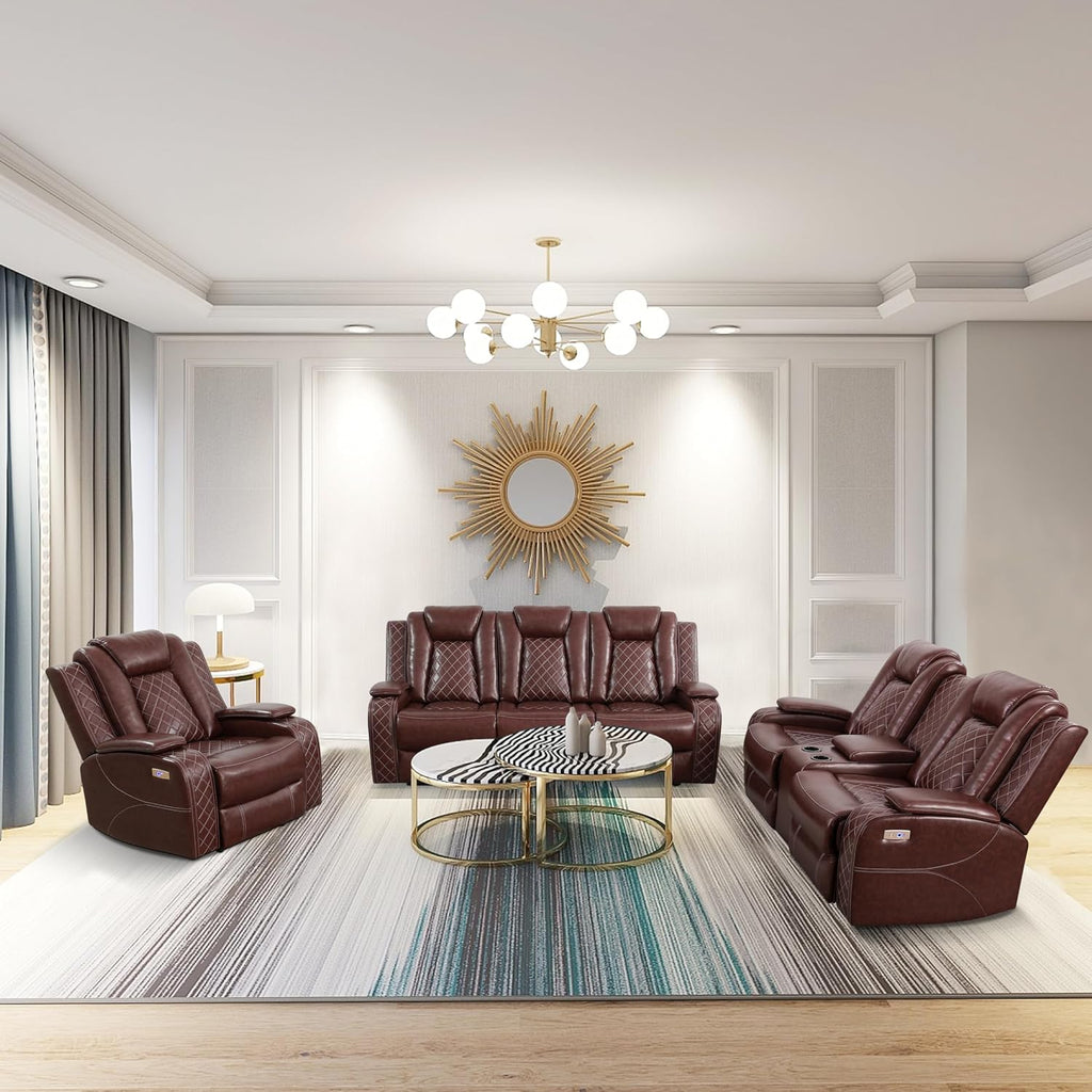 Multifunction Power Air Leather Recliner Sofa Set with LED Lights, Living Room Furniture, Reclining Sofa, loveseat, Chair with USB Port/Storage (Brown, 3 Pieces)