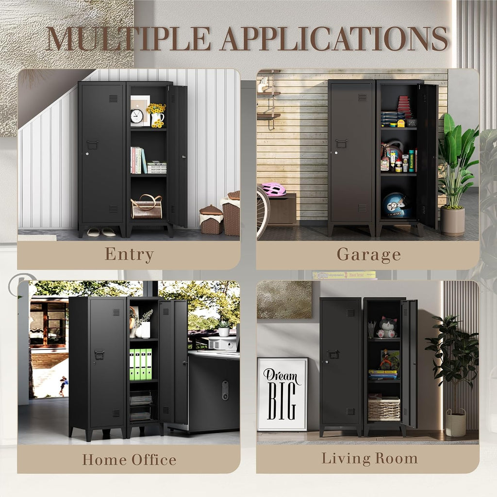 Locker Cabinet, 50' Black Small Metal Locker Storage Cabinet for Employees with Locking Door and 2 Shelves Kids Locker Tool File Cabinets for Bedroom, Home Office, Garage, Bathroom
