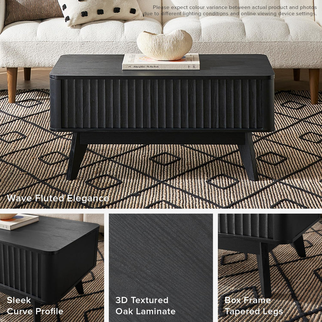 mopio Brooklyn Lift Top Coffee Table for Living Room, Mid Century, Modern Farmhouse with Lifting Tabletop & Hidden Storage, Fluted Panel, Rising Pull Up Dining Table (Black Oak)
