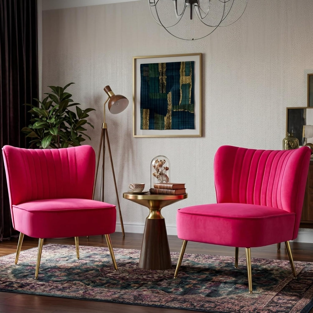 Velvet Accent Chair Set of 2 Comfy Living Room Chair Armless Slipper Chair Mid Century Side Single Sofa Chair with Golden Legs Wingback for Bedroom Guest Room, Hot Pink