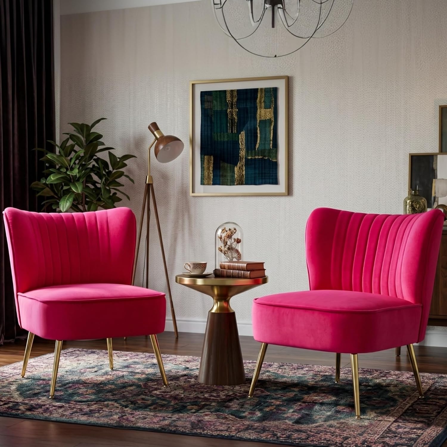 Velvet Accent Chair Set of 2 Comfy Living Room Chair Armless Slipper Chair Mid Century Side Single Sofa Chair with Golden Legs Wingback for Bedroom Guest Room, Hot Pink