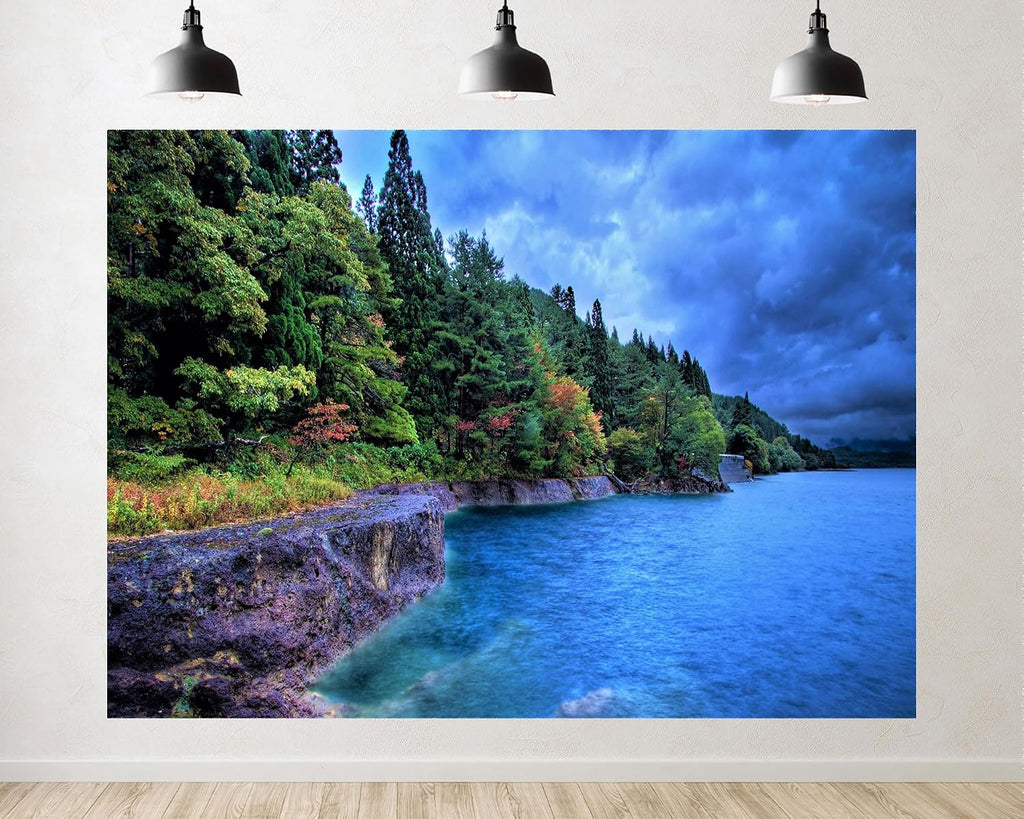Trykid 20x10ft Lush Green Forest Blue Lake Backdrop Cliff Moody Sky Nature Landscape Photography Background Hiking Camping Party Decoration Tapestry Photo Studio Prop Fabric