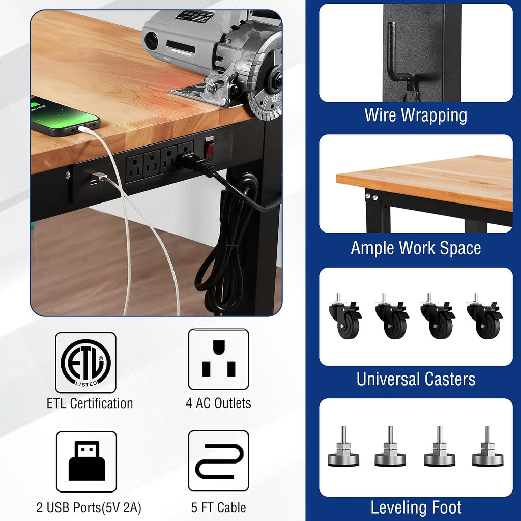 WORKPRO Garage Workbench, 48'X22' Adjustable Workbench with Wheels and Leveling Foot, Rubber Wood Top Work Desk with Power Outlets, 1500 LBS Workbenches for Garage, Workshop, Home