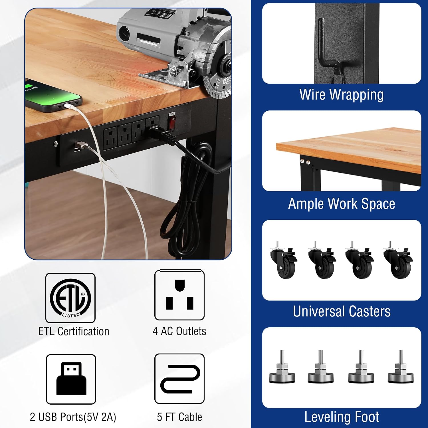 WORKPRO Garage Workbench, 48'X22' Adjustable Workbench with Wheels and Leveling Foot, Rubber Wood Top Work Desk with Power Outlets, 1500 LBS Workbenches for Garage, Workshop, Home