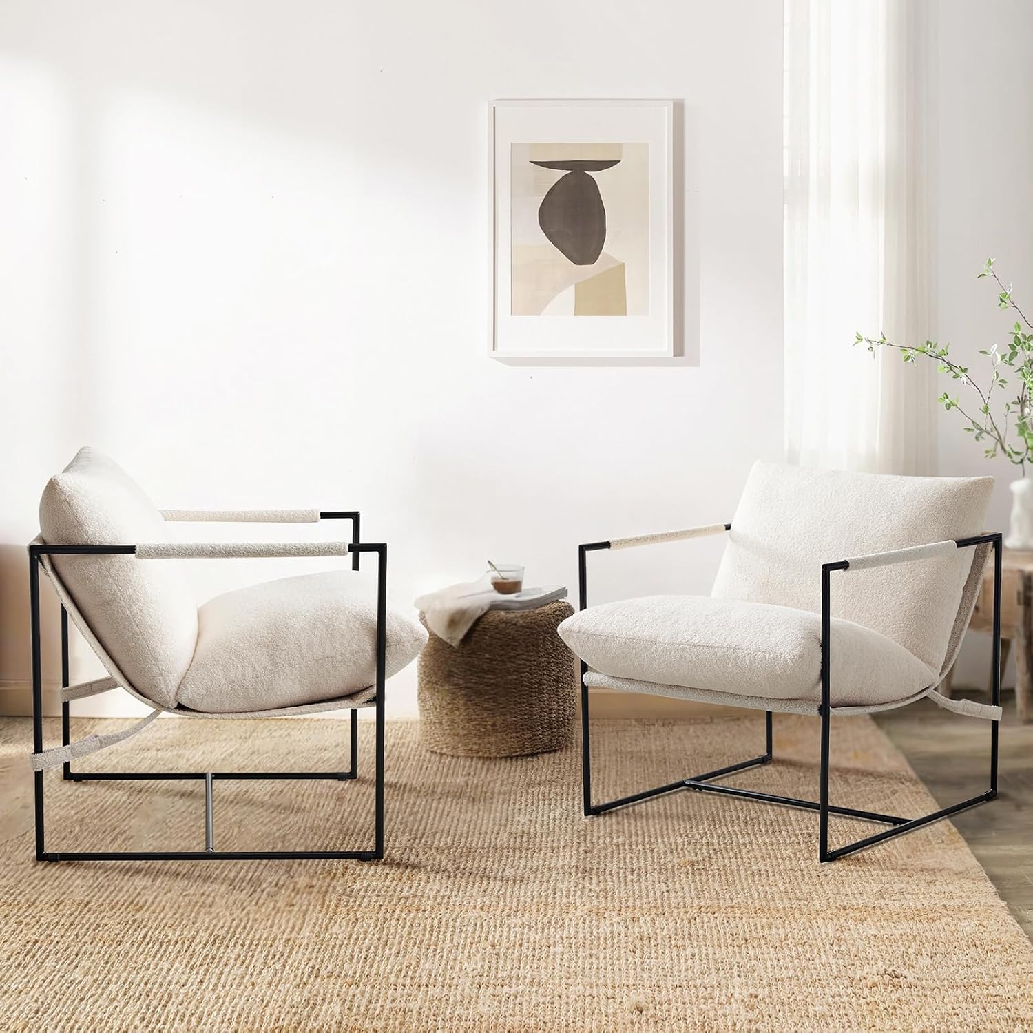 Furnilivng Large Sling Accent Chairs Set of 2, Comfortable Boucle Fabric Arm Chair, Upholstered Cozy Reading Chair for Living Room, Bedroom, Dressing Room, Home Office, White