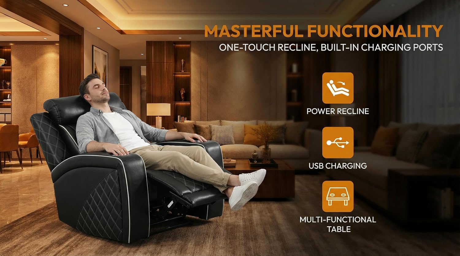 3 Piece Living Room Furniture Set with Cup Holders, Power Recliner Sofa Set, Black Breathing Leather Reclining Couch with LED Lights/Charging Ports/Storage Console for Living Room/Office